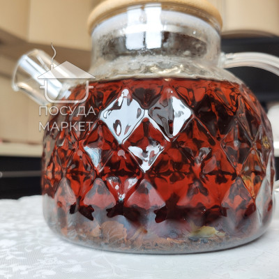 Фото 2 -Чайник для заварювання 1000 мл Rhombus скло з фільтром та бамбуковою кришкою