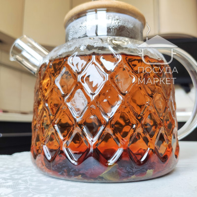 Фото 2 -Чайник для заварювання 1500 мл Rhombus скло з фільтром та бамбуковою кришкою