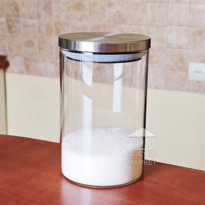 Маленькая стеклянная банка 900 мл Stor для сыпучих, круглая кухонная банка со стальной крышкой