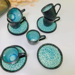 Набор (сервиз) 6 чашек 200 мл с блюдцами для кофе и чая Blue Lake из керамики, черный снаружи