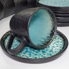 Набор (сервиз) 6 чашек 200 мл с блюдцами для кофе и чая Blue Lake из керамики, черный снаружи