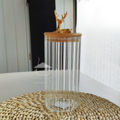 Стеклянная прозрачная банка большая 870 мл с золотым оленем Deer, кухонная банка для хранения сыпучих продуктов