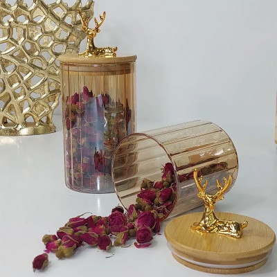 Фото 2 -Скляна бурштинова мала банка 450 мл із золотим оленем Deer, кухонна банка для зберігання сипучих продуктів Фото 2 -Скляна бурштинова мала банка 450 мл із золотим оленем Deer, кухонна банка для зберігання сипучих продуктів