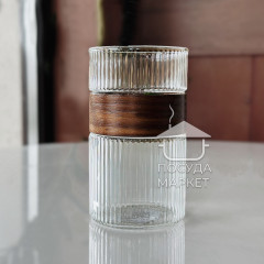 Велика прозора висока склянка 400 мл Aqua line для коктейлів з дерев'яним обідком