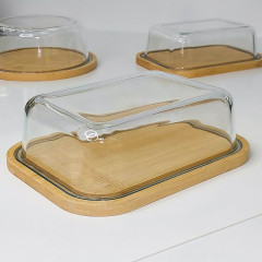 Прямоугольная бамбуковая подставка (блюдо) 21х17х7,2 см с крышкой для хранения выпечки, сладостей, макаронс, пирожных