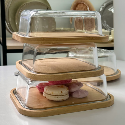 Фото 2 -Прямоугольная бамбуковая подставка (блюдо) 23,7х18,2х7,8 см с крышкой для хранения выпечки, сладостей, макаронс, пирожных