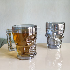 Набор 6 кружек для пива 450 мл Skull, серое прозрачное стекло в виде черепа