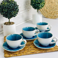 Чайный сервиз (набор) Scandium 250 мл 4 чашки с блюдцами голубого цвета, белые снаружи