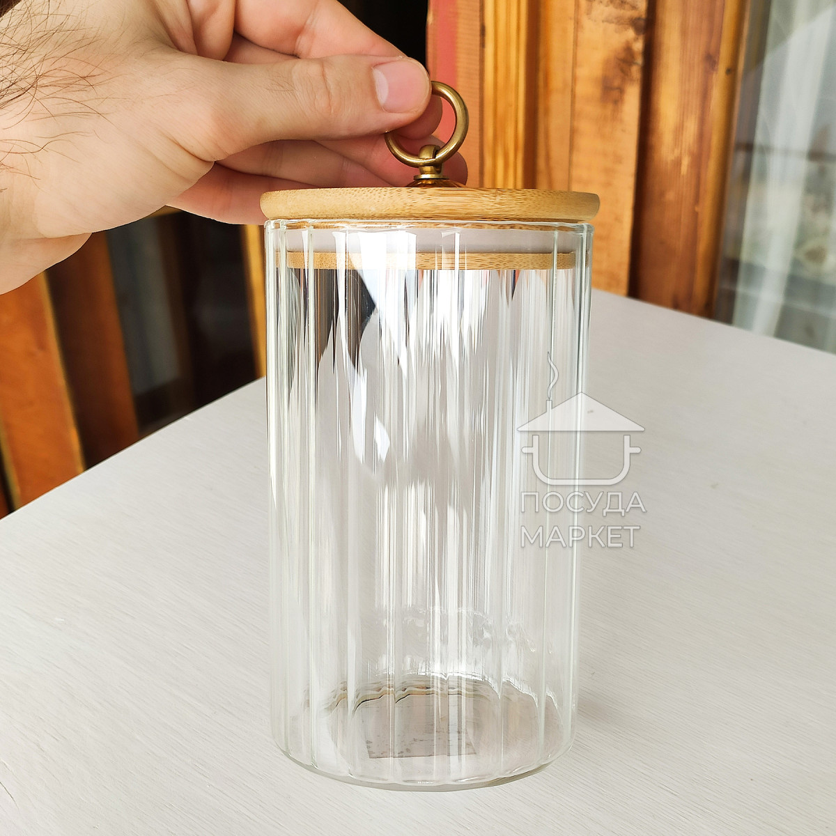 Кухонная банка 700 мл Frodo для хранения сыпучих продуктов с бамбуковой крышкой и ручкой-кольцом, прозрачное стекло