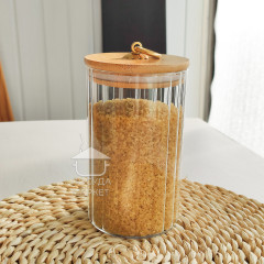 Кухонная банка 700 мл Frodo для хранения сыпучих продуктов с бамбуковой крышкой и ручкой-кольцом, прозрачное стекло