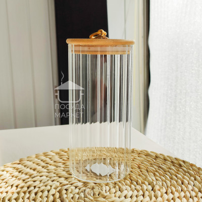 Кухонная банка 870 мл Frodo для хранения сыпучих продуктов с бамбуковой крышкой и ручкой-кольцом, прозрачное стекло