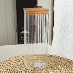 Кухонная банка 1 л Frodo для хранения сыпучих продуктов с бамбуковой крышкой и ручкой-кольцом, прозрачное стекло