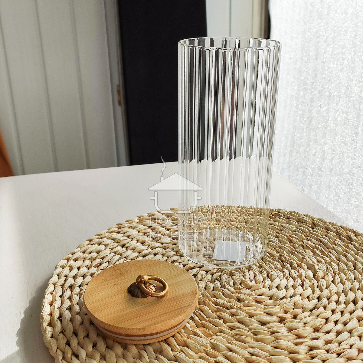 Кухонная банка 1 л Frodo для хранения сыпучих продуктов с бамбуковой крышкой и ручкой-кольцом, прозрачное стекло