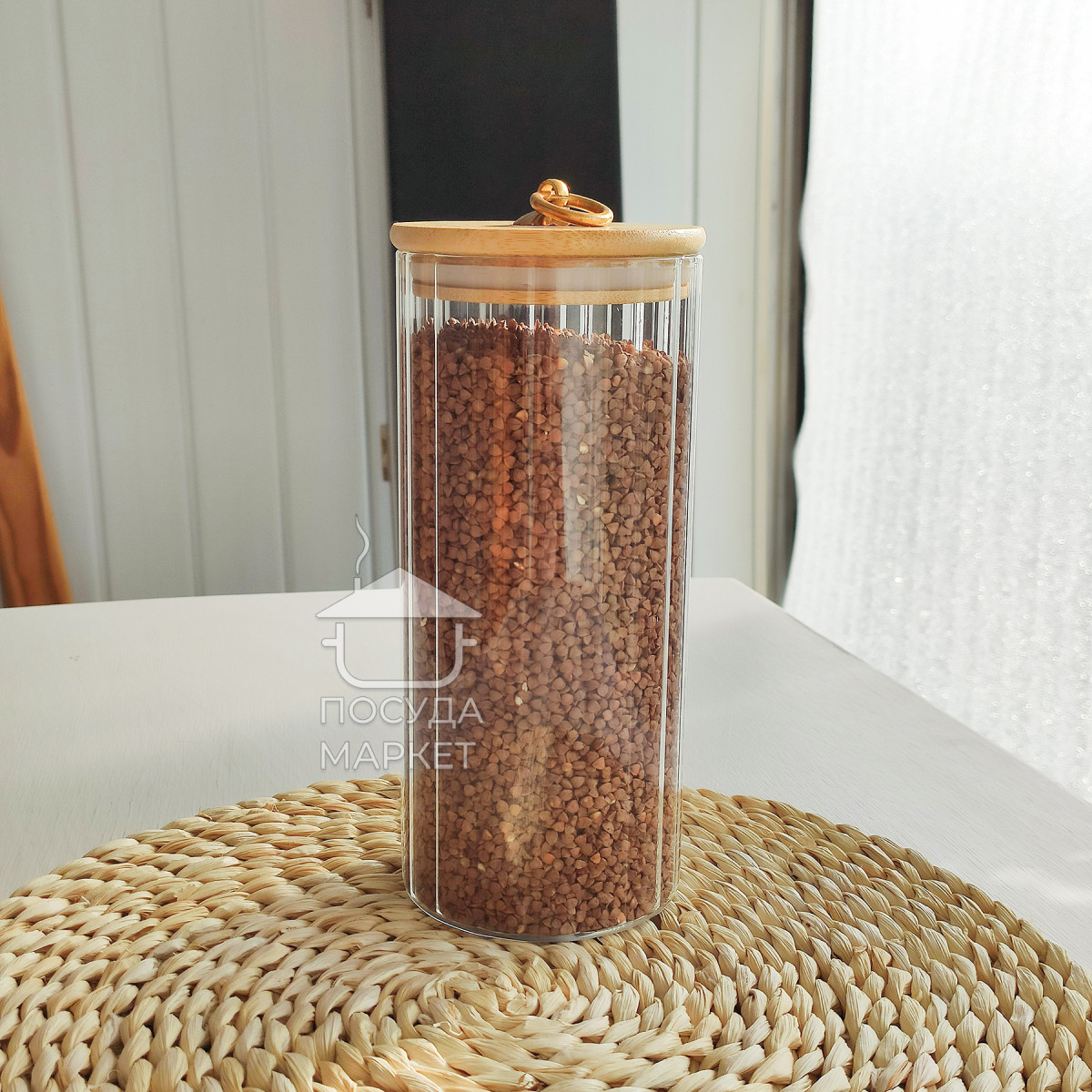 Кухонная банка 1 л Frodo для хранения сыпучих продуктов с бамбуковой крышкой и ручкой-кольцом, прозрачное стекло