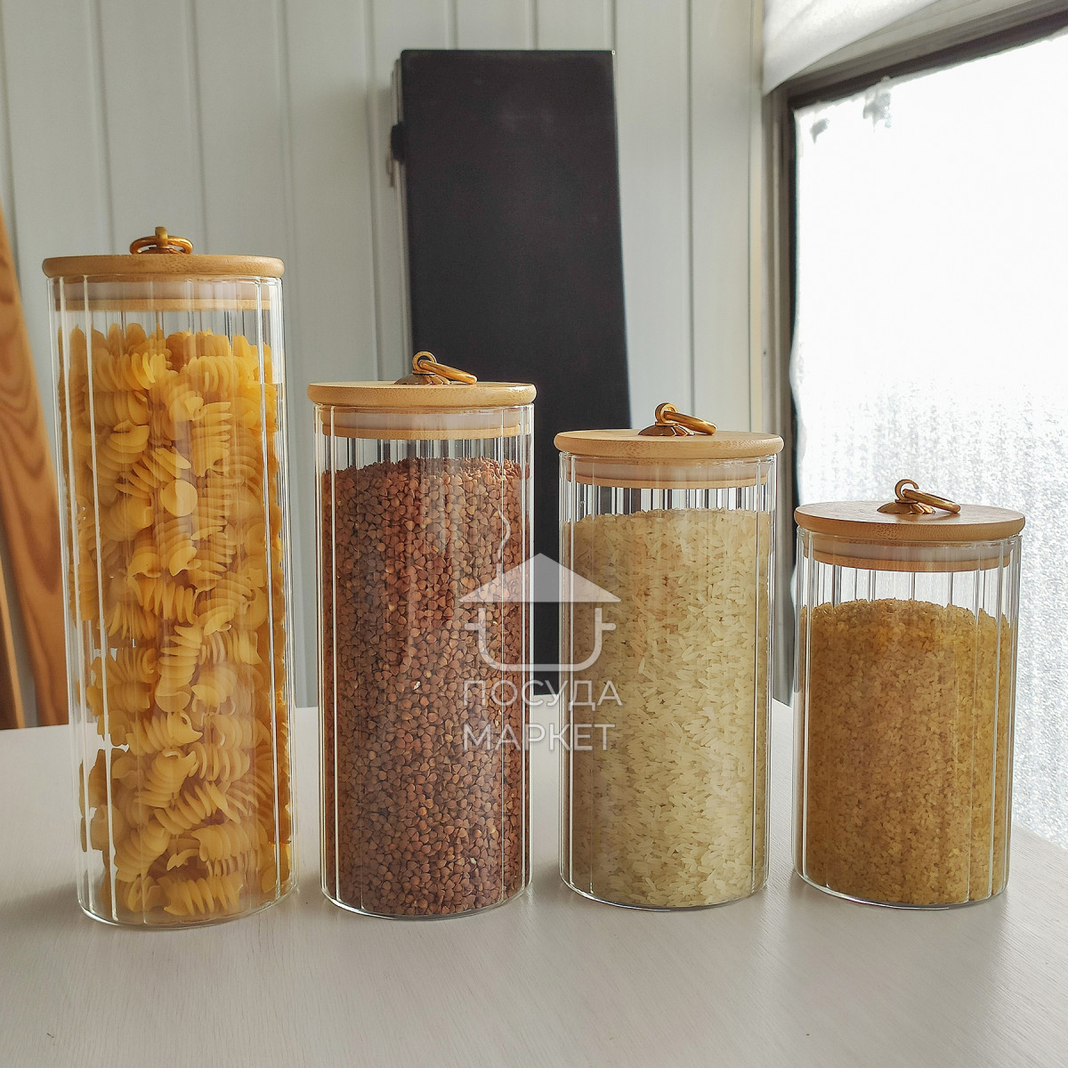 Кухонная банка 1 л Frodo для хранения сыпучих продуктов с бамбуковой крышкой и ручкой-кольцом, прозрачное стекло
