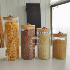 Кухонная банка 1 л Frodo для хранения сыпучих продуктов с бамбуковой крышкой и ручкой-кольцом, прозрачное стекло