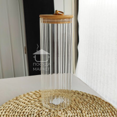 Кухонная банка 1,25 л Frodo для хранения сыпучих продуктов с бамбуковой крышкой и ручкой-кольцом, прозрачное стекло