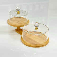 Набор круглых бамбуковых подставок (блюд) с крышкой для хранения выпечки, сладостей, макаронс, пирожных