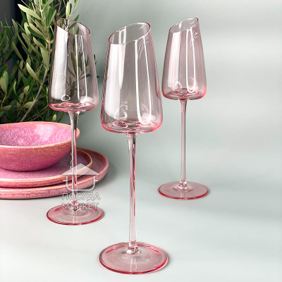 Набір 6 преміальних рожевих келихів для шампанського Style 200 мл із зрізаним верхом на високій ніжці, прозоре скло