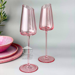 Набір 6 преміальних рожевих келихів для шампанського Style 200 мл із зрізаним верхом на високій ніжці, прозоре скло