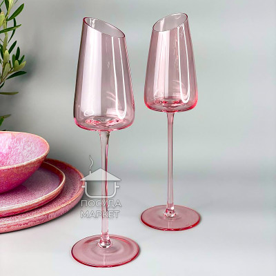 Фото 2 -Набір 6 преміальних рожевих келихів для шампанського Style 200 мл із зрізаним верхом на високій ніжці, прозоре скло