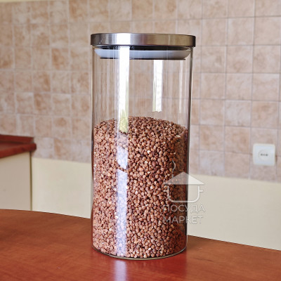 Средняя стеклянная банка 1,4 л Stor для сыпучих, круглая кухонная банка со стальной крышкой