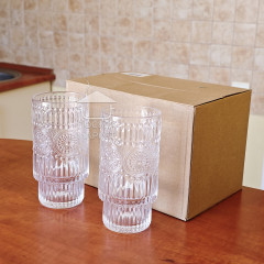 Набор 6 фигурных высоких больших стаканов 300 мл Itali с прозрачного стекла с фактурным рисунком