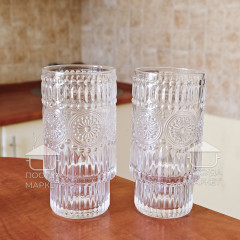 Набор 6 фигурных высоких больших стаканов 300 мл Itali с прозрачного стекла с фактурным рисунком