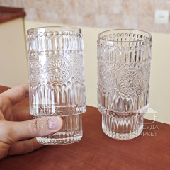 Набор 6 фигурных высоких больших стаканов 300 мл Itali с прозрачного стекла с фактурным рисунком