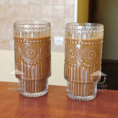 Набор 6 фигурных высоких больших стаканов 300 мл Itali с прозрачного стекла с фактурным рисунком