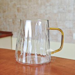 Скляна прозора чашка 400 мл Cold, велика кружка з текстурованим рельєфом і жовтою ручкою