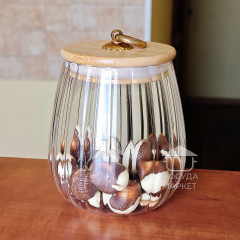 Сахарница, конфетница Frodo 700 мл с ребристым стеклом внутри и бамбуковой крышкой с кольцом