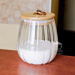 Сахарница, конфетница Frodo 700 мл с ребристым стеклом внутри и бамбуковой крышкой с кольцом