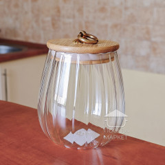 Сахарница, конфетница Frodo 700 мл с ребристым стеклом внутри и бамбуковой крышкой с кольцом