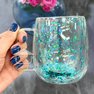 Фото 2 -Чашка 350 мл з подвійними стінками Turquoise Charm з блискітками всередині, скляна кружка з подвійним дном Фото 2 -Чашка 350 мл з подвійними стінками Turquoise Charm з блискітками всередині, скляна кружка з подвійним дном