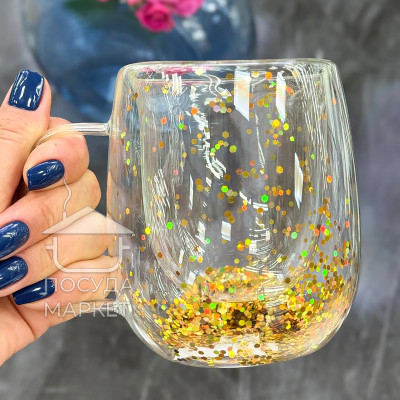 Фото 2 -Чашка 350 мл з подвійними стінками Golden Charm з жовтими блискітками всередині, скляна кружка з подвійним дном Фото 2 -Чашка 350 мл з подвійними стінками Golden Charm з жовтими блискітками всередині, скляна кружка з подвійним дном