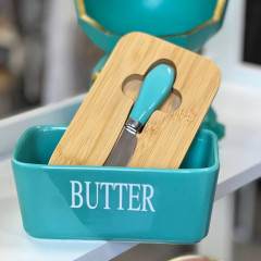 Масляна керамічна "Butter" з бамбуковою кришкою та ножем, бірюзова.