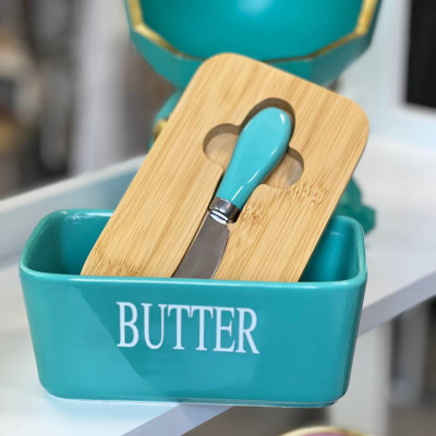 Фото 2 -Масленка керамическая "Butter" с бамбуковой крышкой и ножом, бирюзовая