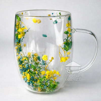 Чашка 350 мл з подвійними стінками Spring Meadow, скляний кухоль з квітковим декором