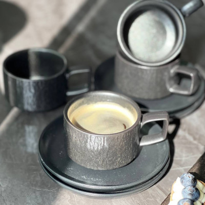 Фото 2 -Чайний сервіз (набір) 4 чашки 190 мл + блюдця з кераміки Black Obelisk в матовому стилі