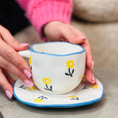 Чашка із блюдцем 300 мл "Сонячна квітка" ручної роботи, кераміка