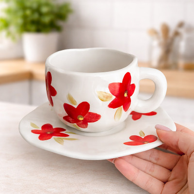 Чашка з блюдцем 300 мл "Яскраві квіти"  ручної роботи, кераміка