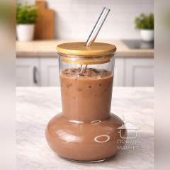 Келих (склянка) для коктейлів, напоїв 450 мл Fusion з трубочкою та бамбуковою кришкою