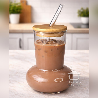 Келих (склянка) для коктейлів, напоїв 450 мл Fusion з трубочкою та бамбуковою кришкою