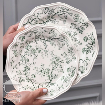 Фото 2 -Тарілка десертна порцелянова 22,5 см Meadow Grace, біла з зеленим