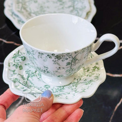 Чашка з блюдцем порцелянова 190 мл Meadow Grace, біла з зеленим