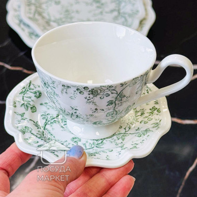 Чашка з блюдцем порцелянова 190 мл Meadow Grace, біла з зеленим