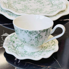 Чашка з блюдцем порцелянова 190 мл Meadow Grace, біла з зеленим