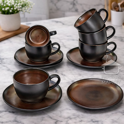 Кавовий сервіз (набір) 6 чашок 190 мл + блюдця з кераміки для американо Koper чорно-коричневого кольору Кавовий сервіз (набір) 6 чашок 190 мл + блюдця з кераміки для американо Koper чорно-коричневого кольору