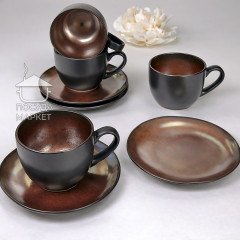 Чайний сервіз (набір) 4 чашки 320 мл з блюдцями з кераміки Koper чорно-коричневого кольору